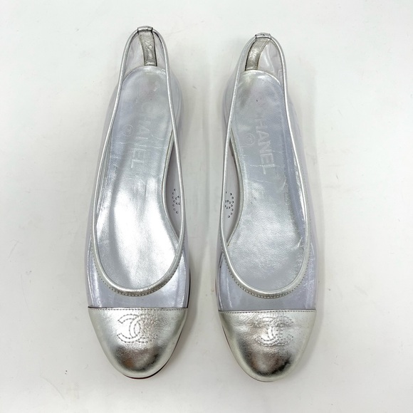 CHANEL Shoes - Chanel Interlocking CC Logo Silver Ballet Flat Cap Toe PVC Flat Size 36.5 EU